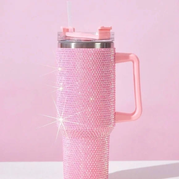 Pink Rhinestone Tumbler Stainless Steel Style 40oz with Handle New - Picture 13 of 15